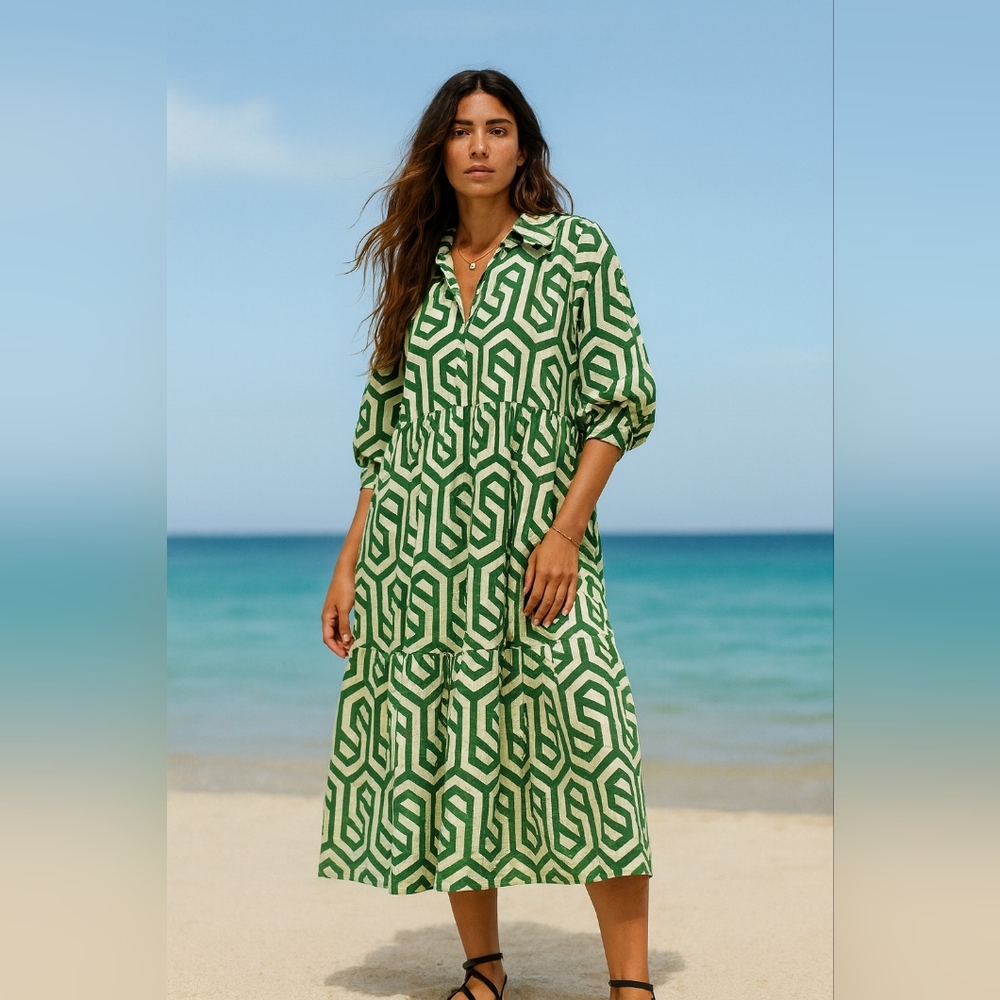 Zara The Karen Tiered Popover Dress In Geometric Print